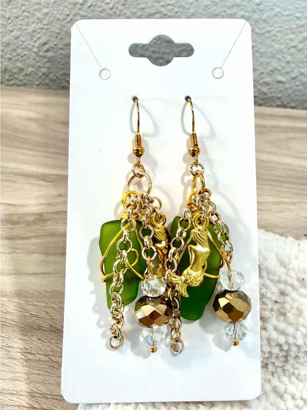 10. Gold & Green sea glass Dangle Earrings with mermaid Accent